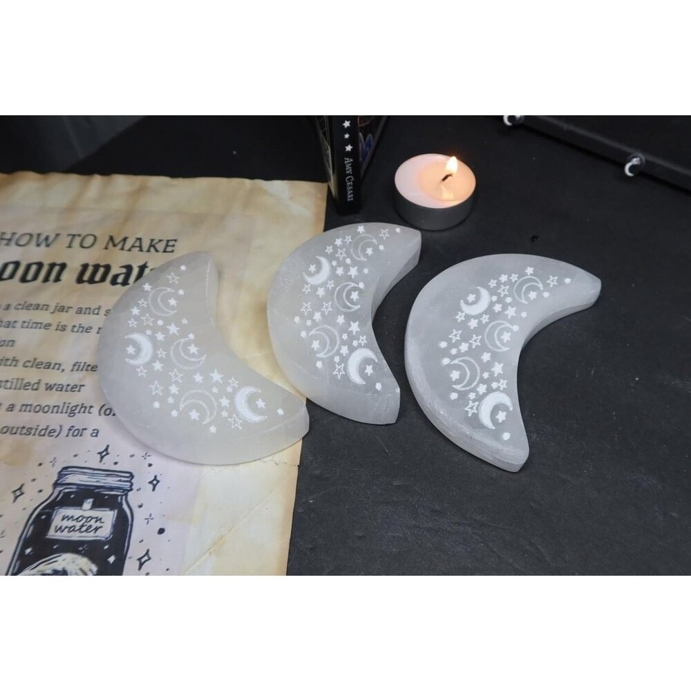 Selenite Crescent Moon Charging Plate Etched Moon & Stars Crystal- Cleanser